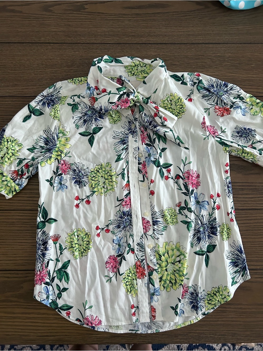 LOFT White Floral Tie-Neck Blouse - Green, Blue, Pink